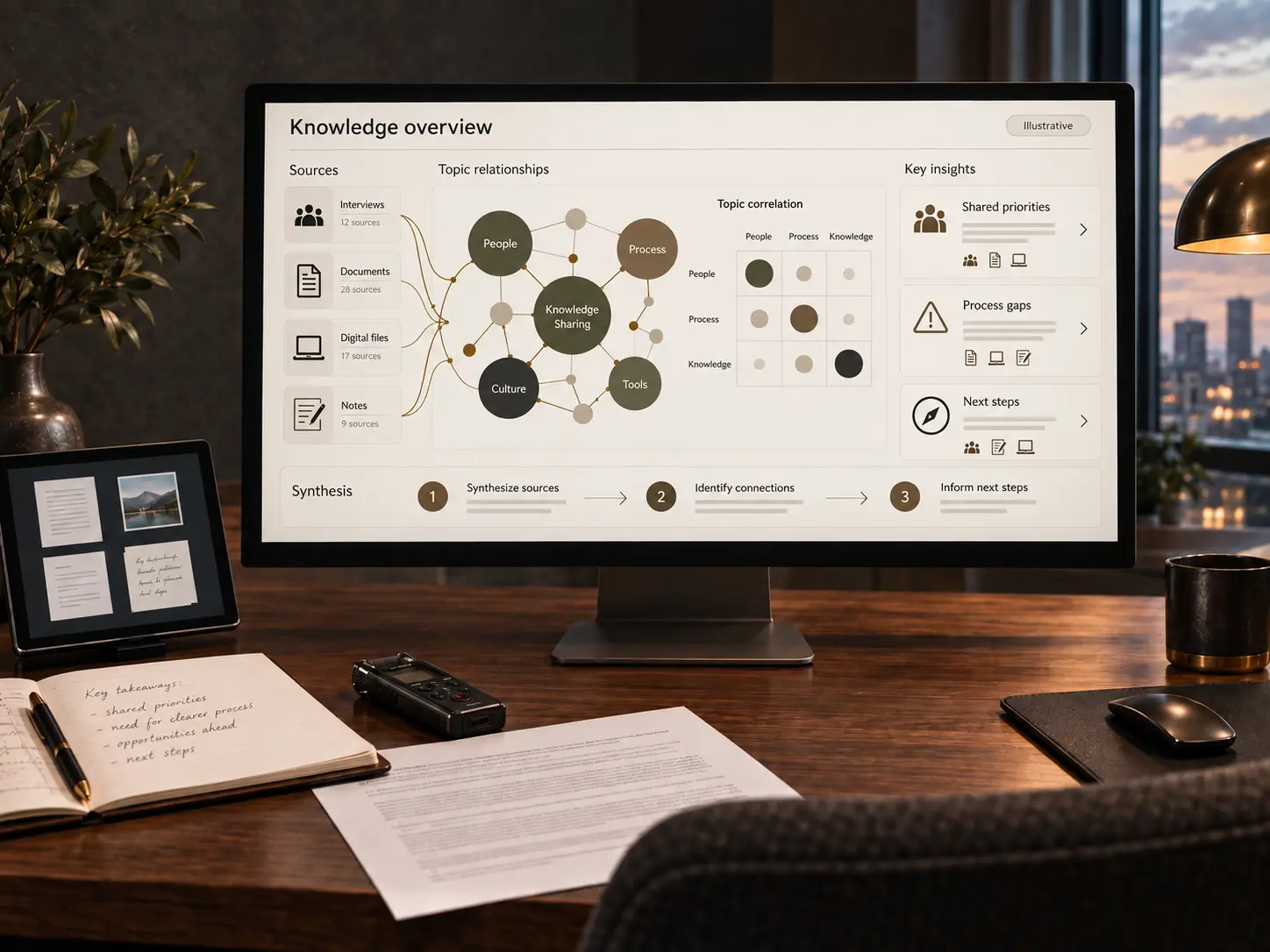 Illustrative dashboard organizing human, documentary, digital and analog sources into relationships and findings.